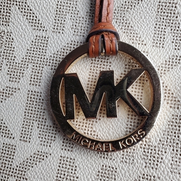 Michael Kors Jet Set Large Logo Leather Gathered Brown Vanilla Tote Purse 15" - Picture 3 of 15